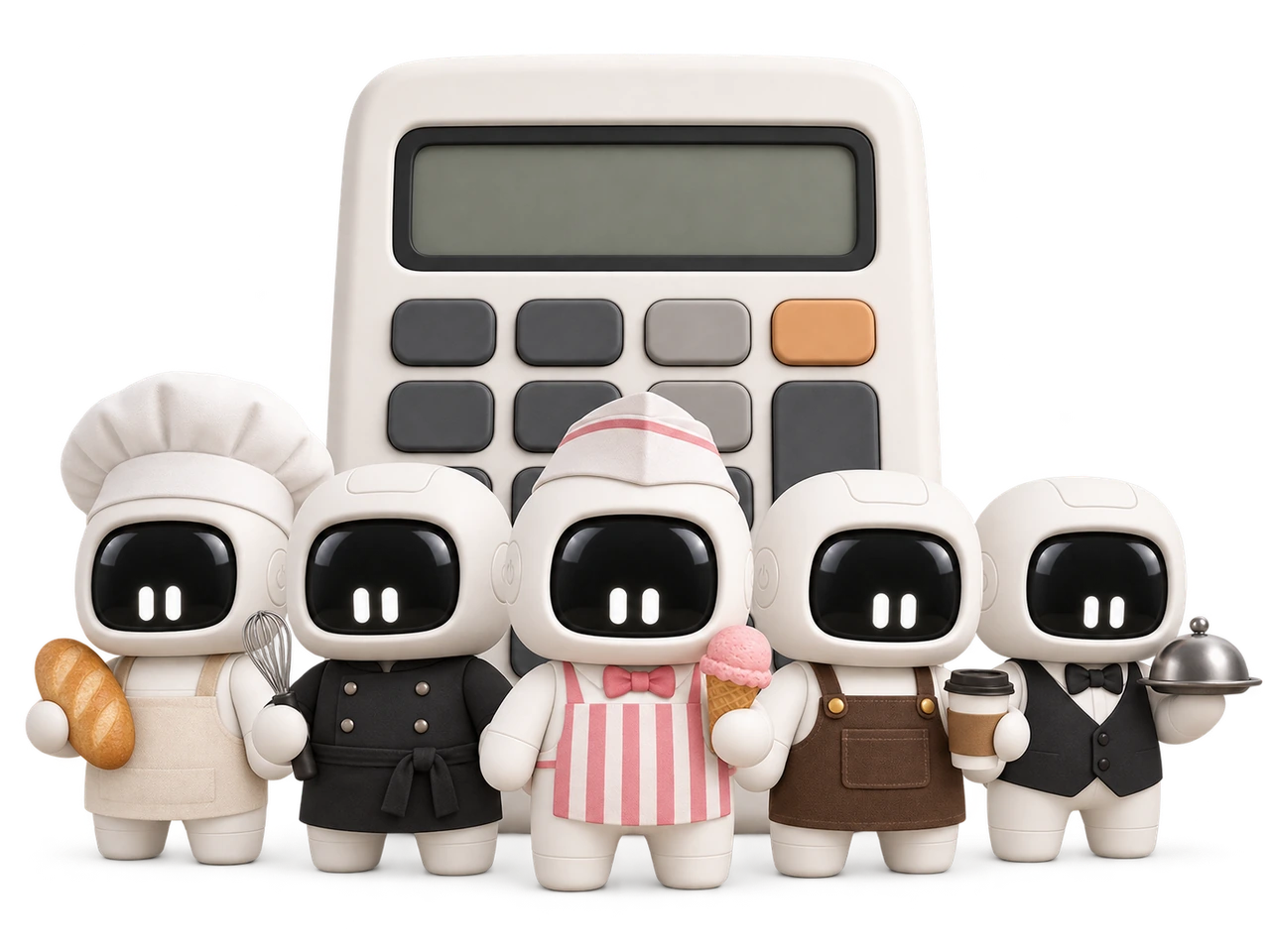 Bizzy as a baker, chef, ice cream maker, barista and server beside a calculator displaying WORTH = AWESOME