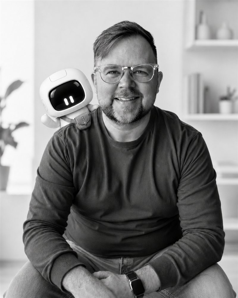 Tom, founder of BizzyBot, with Bizzy on his shoulder